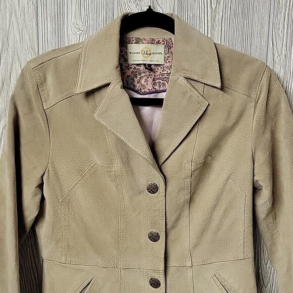 Wilsons Vintage Leather Blazer Button Up Lined Jacket Khaki Tan Womens Small - Picture 3 of 11